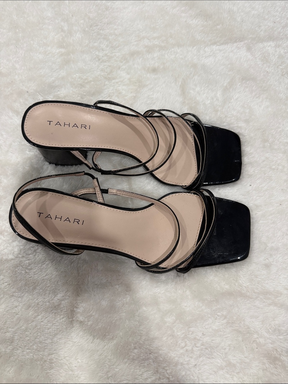 Tahari Black Strappy Square-Toe Block Heels